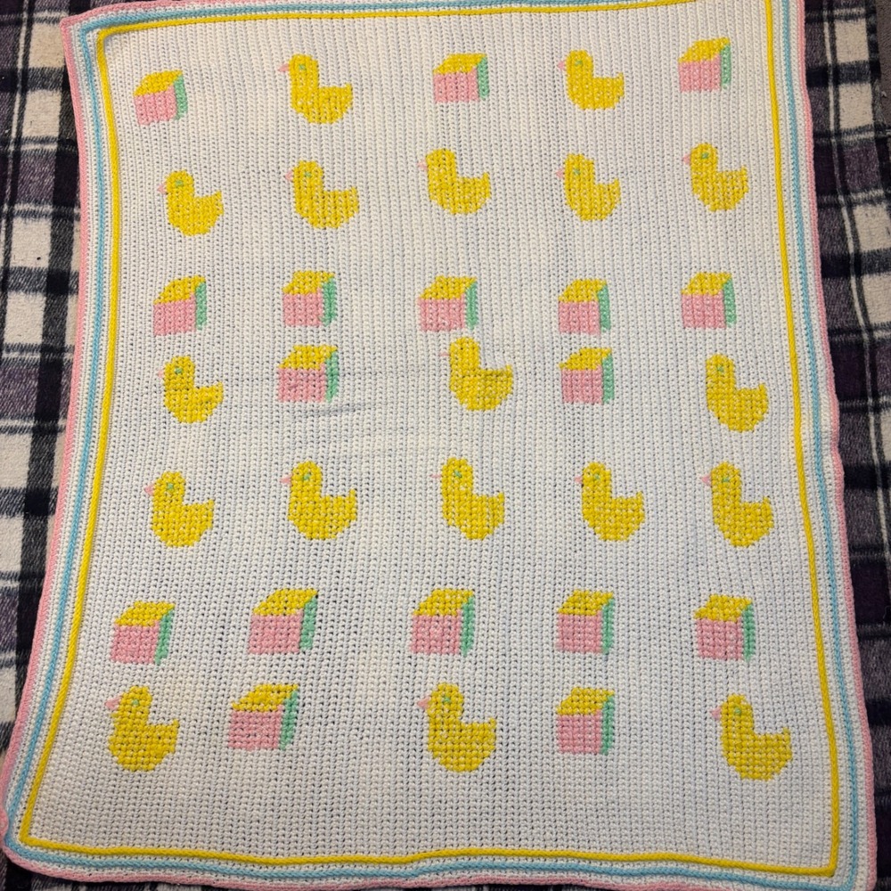 Vintage Handmade Crochet Duck Baby Blanket Gender Neutral Nursery